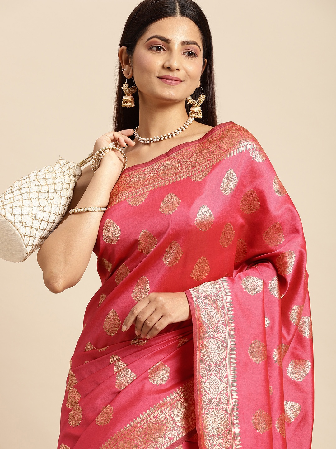 

MOHEY Pink & Gold-Toned Ethnic Motifs Woven Design Art Silk Saree