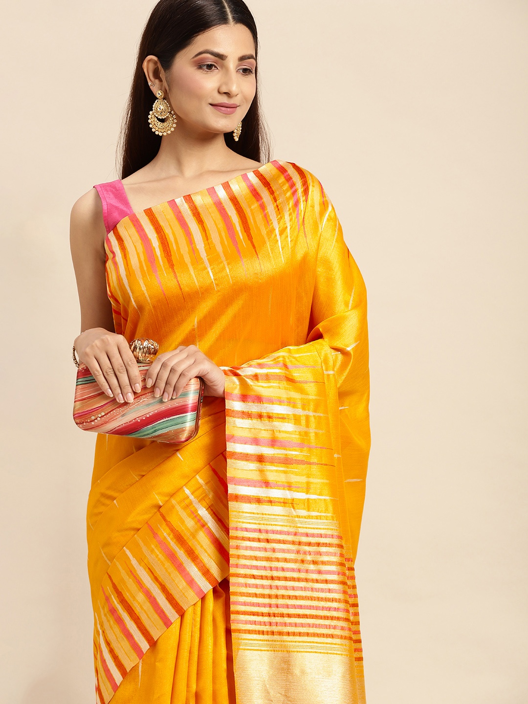 

MOHEY Yellow & Pink Woven Design Art Silk Saree