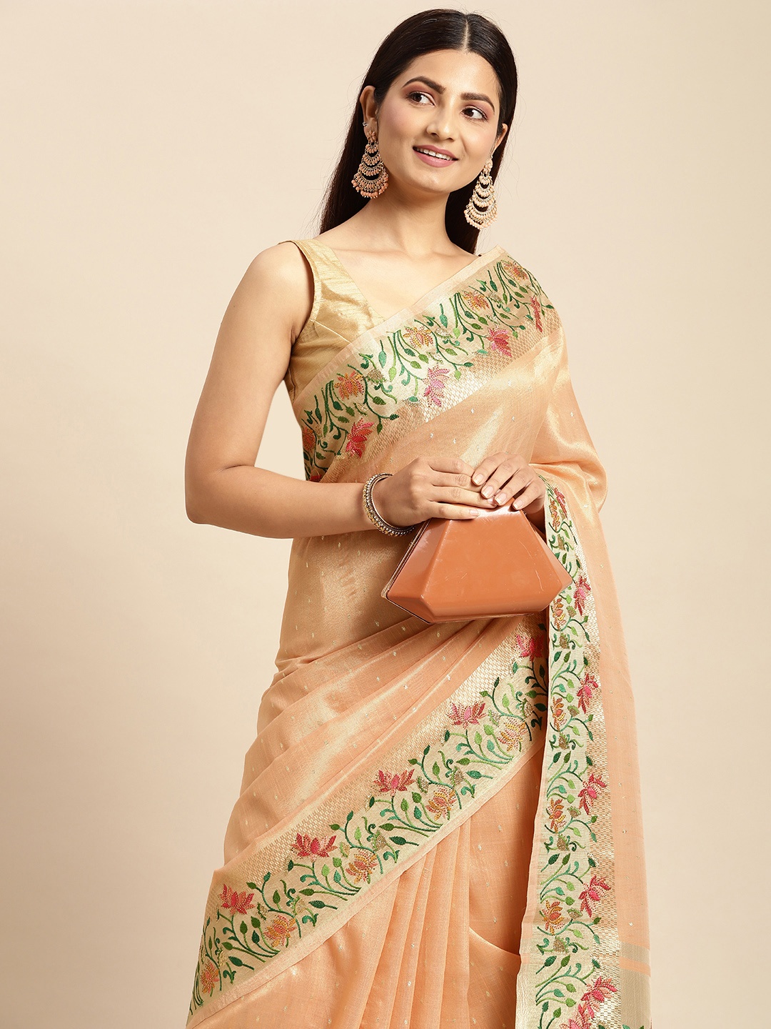 

MOHEY Peach-Coloured Woven Design Art Silk Saree