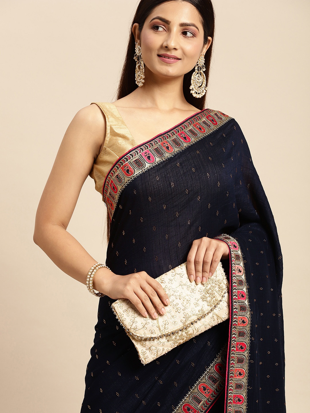 

MOHEY Navy Blue & Pink Woven Design Beads and Stones Art Silk Saree