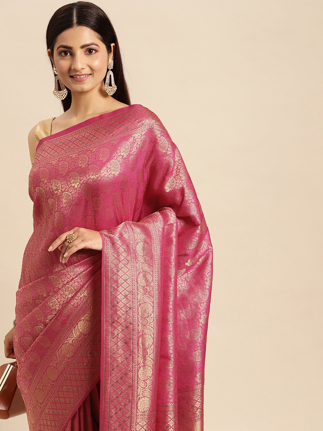 

MOHEY Fuchsia & Gold-Toned Paisley Woven Design Art Silk Saree