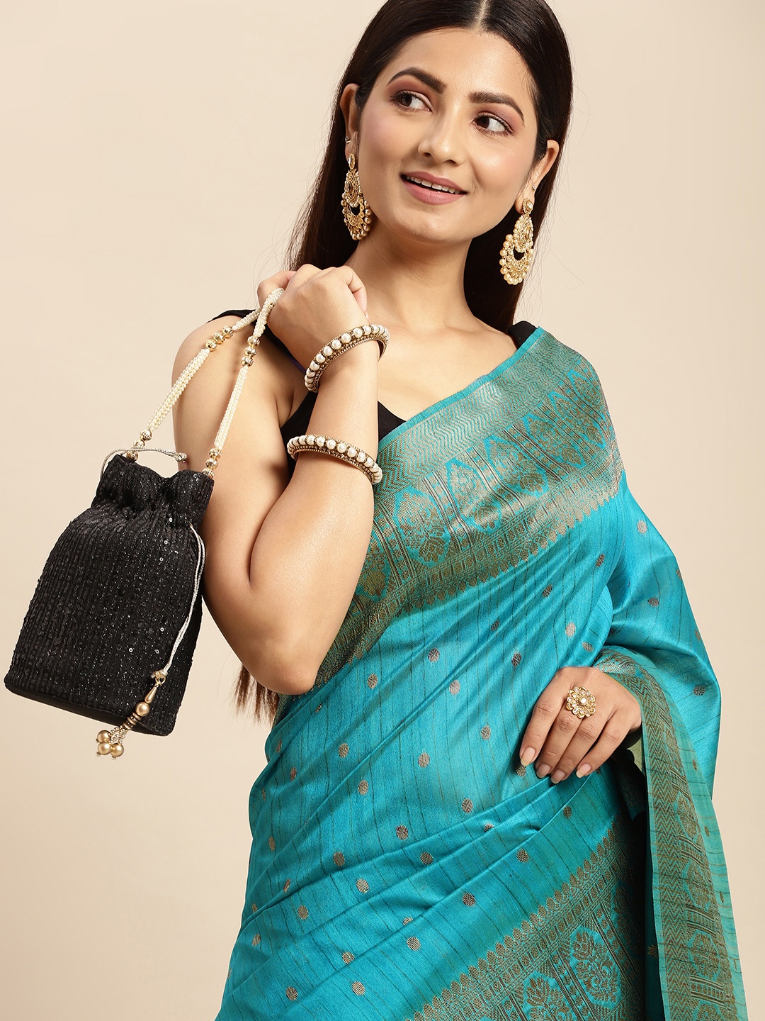 

MOHEY Blue & Gold-Toned Ethnic Motifs Woven Design Art Silk Saree