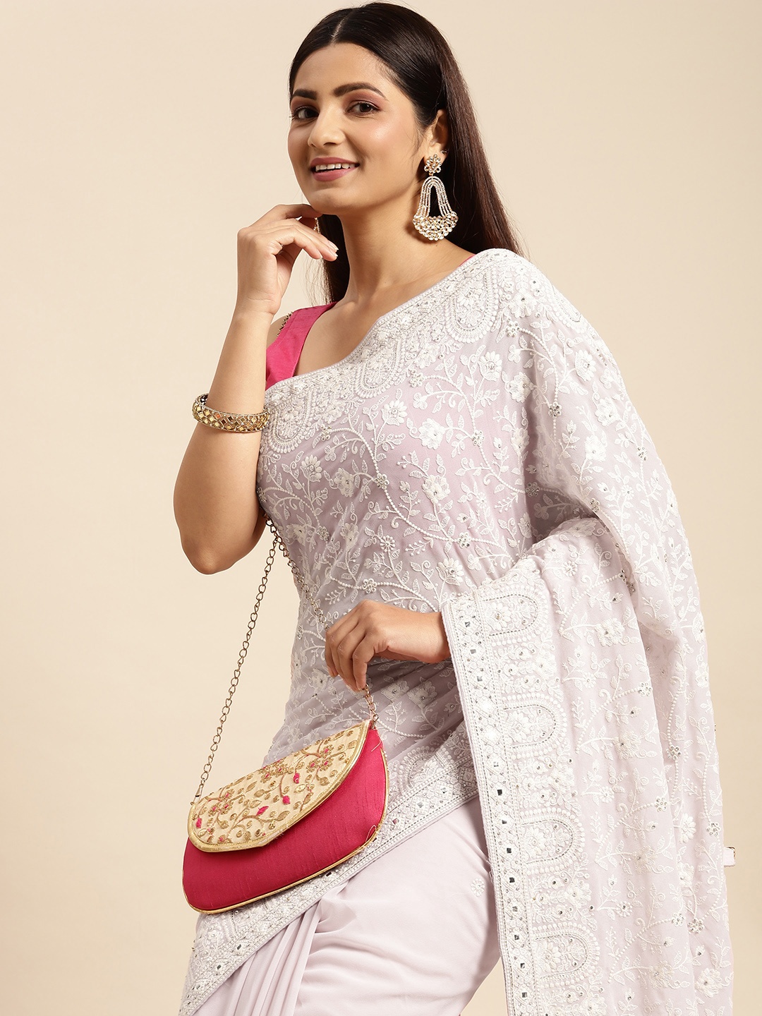 

MOHEY Pink & White Floral Woven Design Beads and Stones Georgette Saree