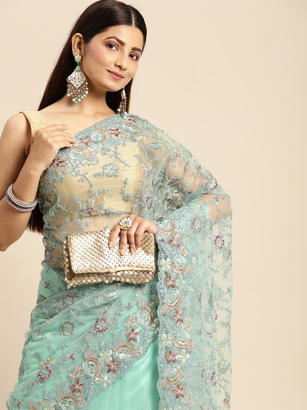 

MOHEY Blue Floral Embroidered Net Saree
