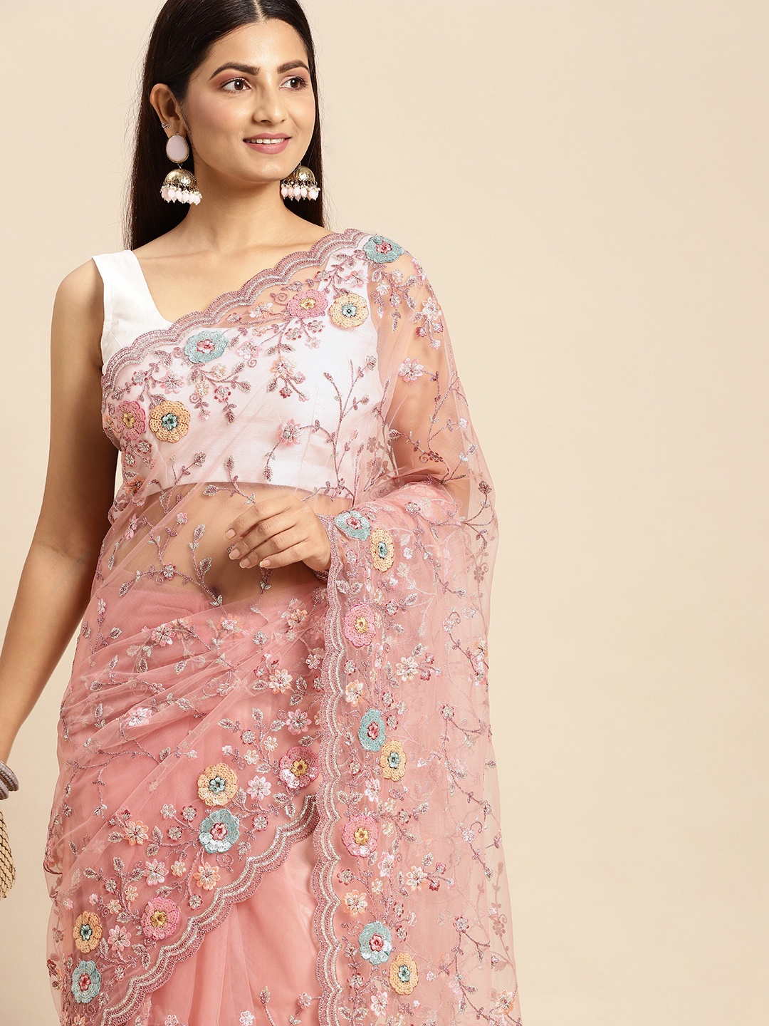 

MOHEY Pink Floral Embroidered Net Saree