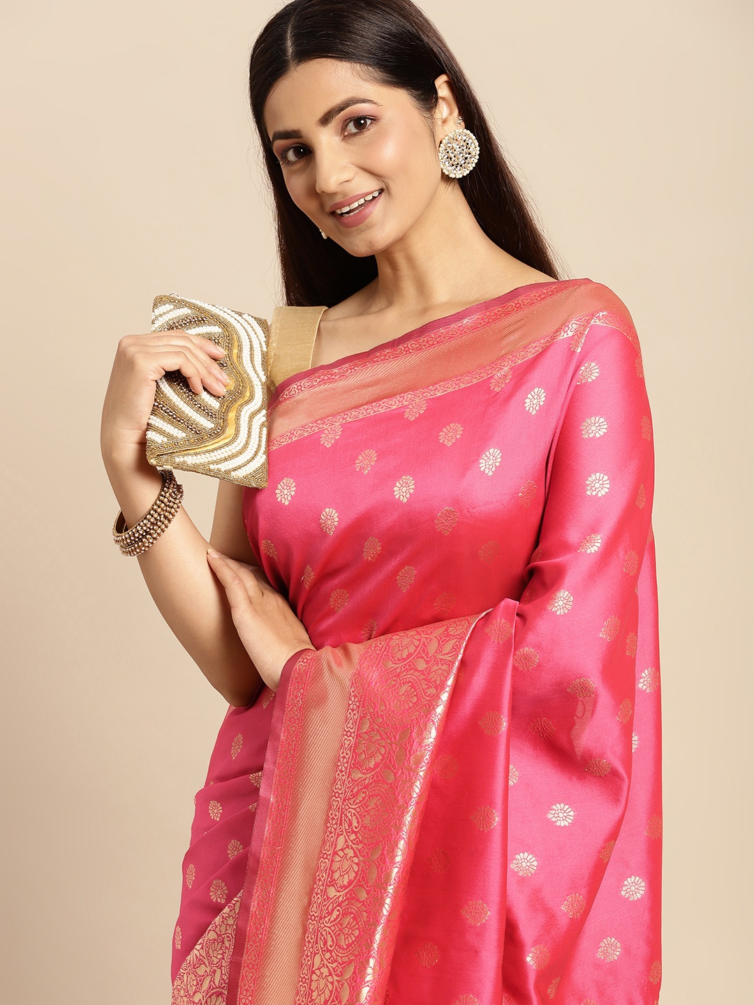 

MOHEY Pink & Gold-Toned Ethnic Motifs Woven Design Art Silk Saree