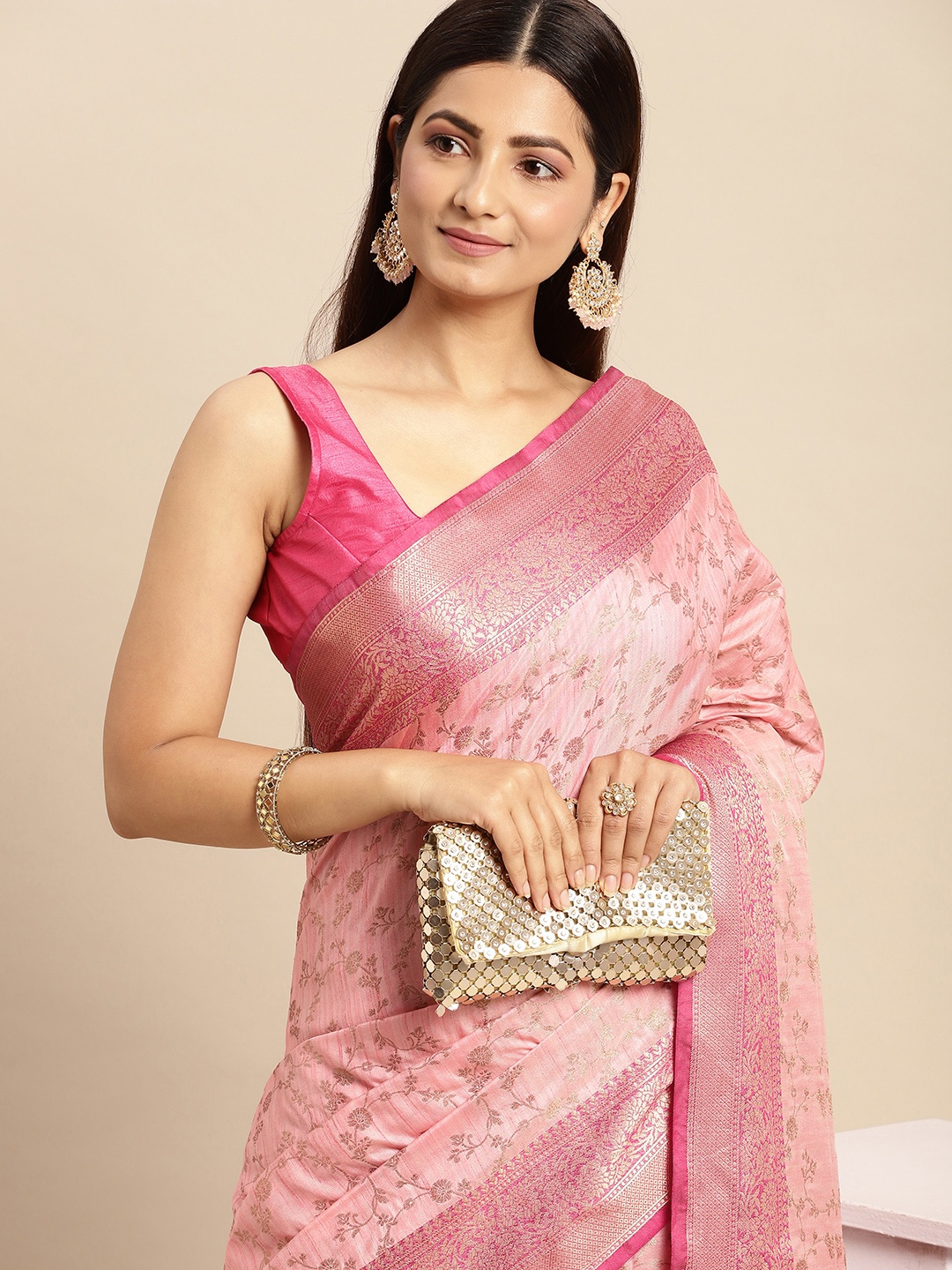 

MOHEY Pink & Gold-Toned Floral Woven Design Art Silk Saree