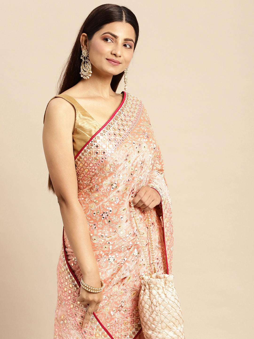 

MOHEY Pink Floral Woven Design Beads and Stones Organza Saree