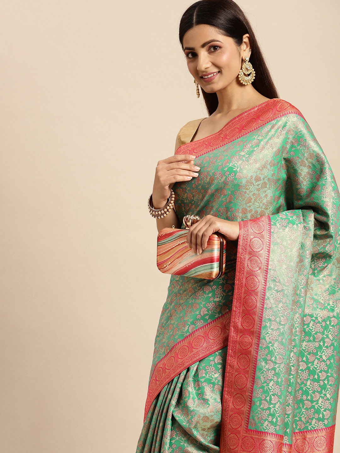 

MOHEY Green & Pink Floral Art Silk Saree