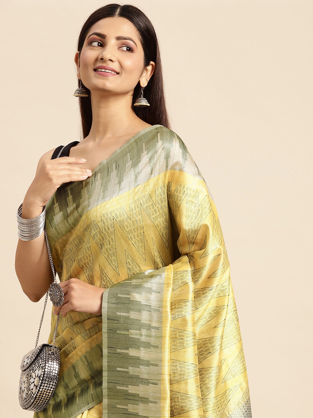 

MOHEY Yellow & Green Woven Design Art Silk Saree