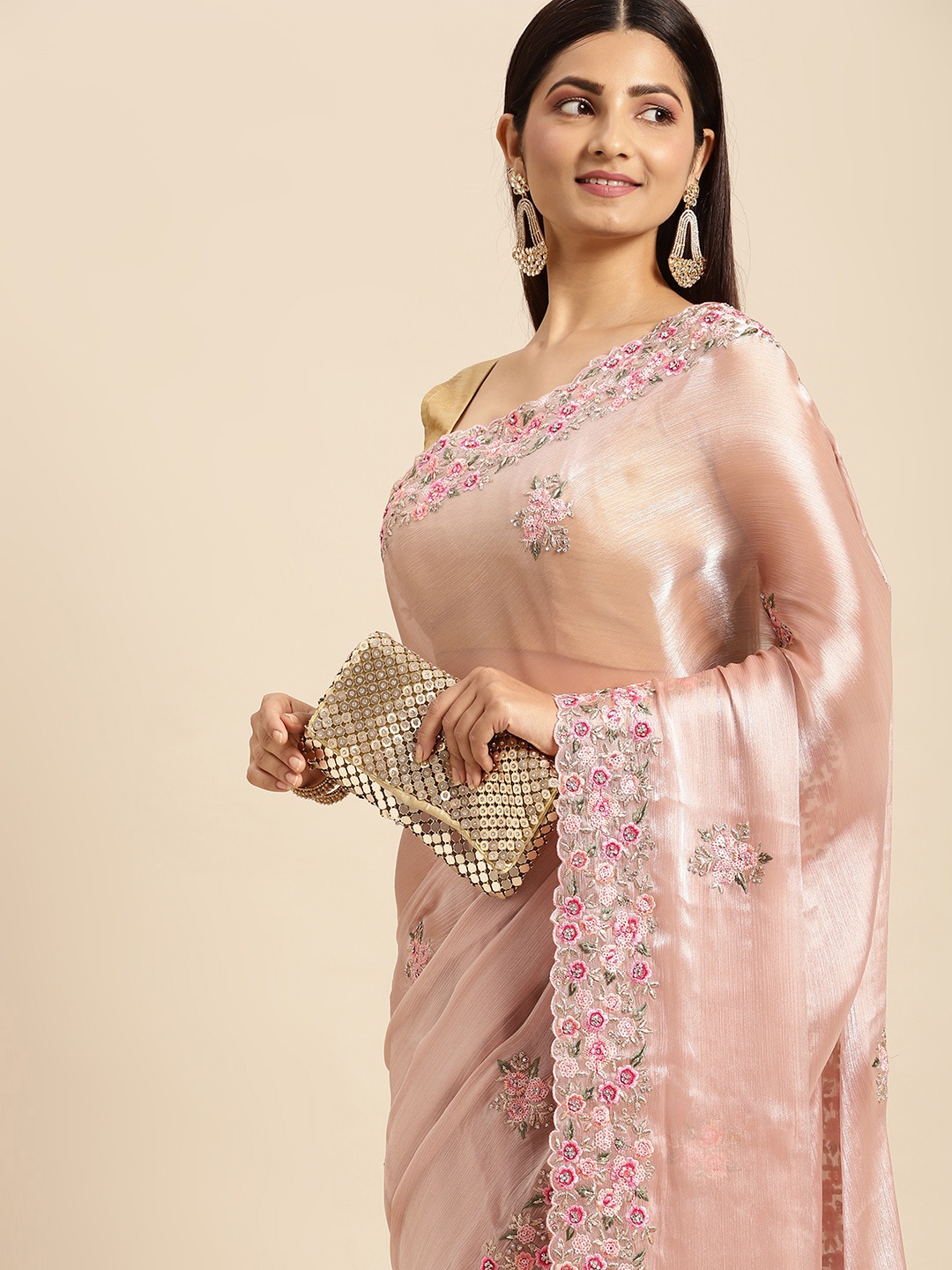 

MOHEY Peach-Coloured Floral Embroidered Organza Saree