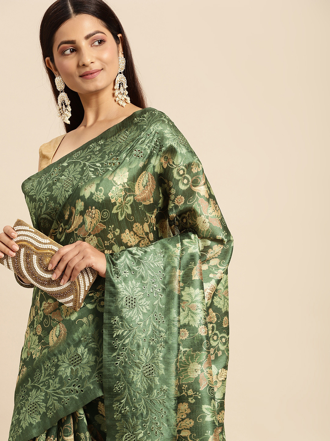

MOHEY Green & Beige Floral Woven Design Art Silk Saree