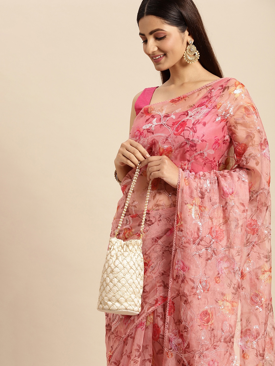 

MOHEY Pink Floral Woven Design Sequinned Organza Saree