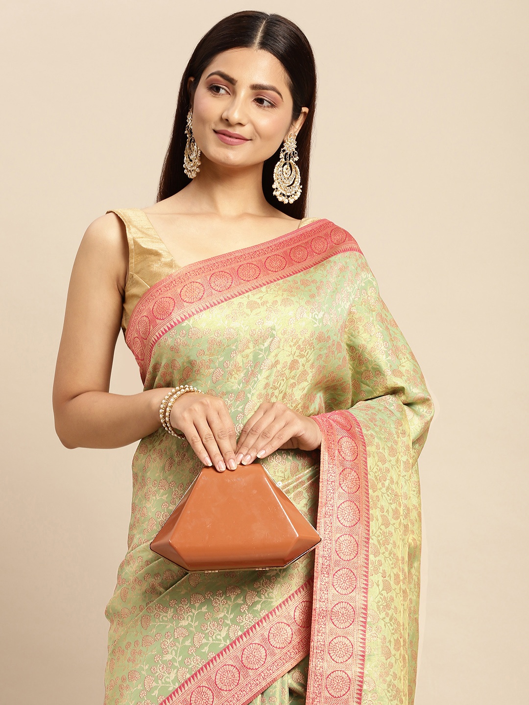 

MOHEY Green & Pink Floral Woven Design Art Silk Saree