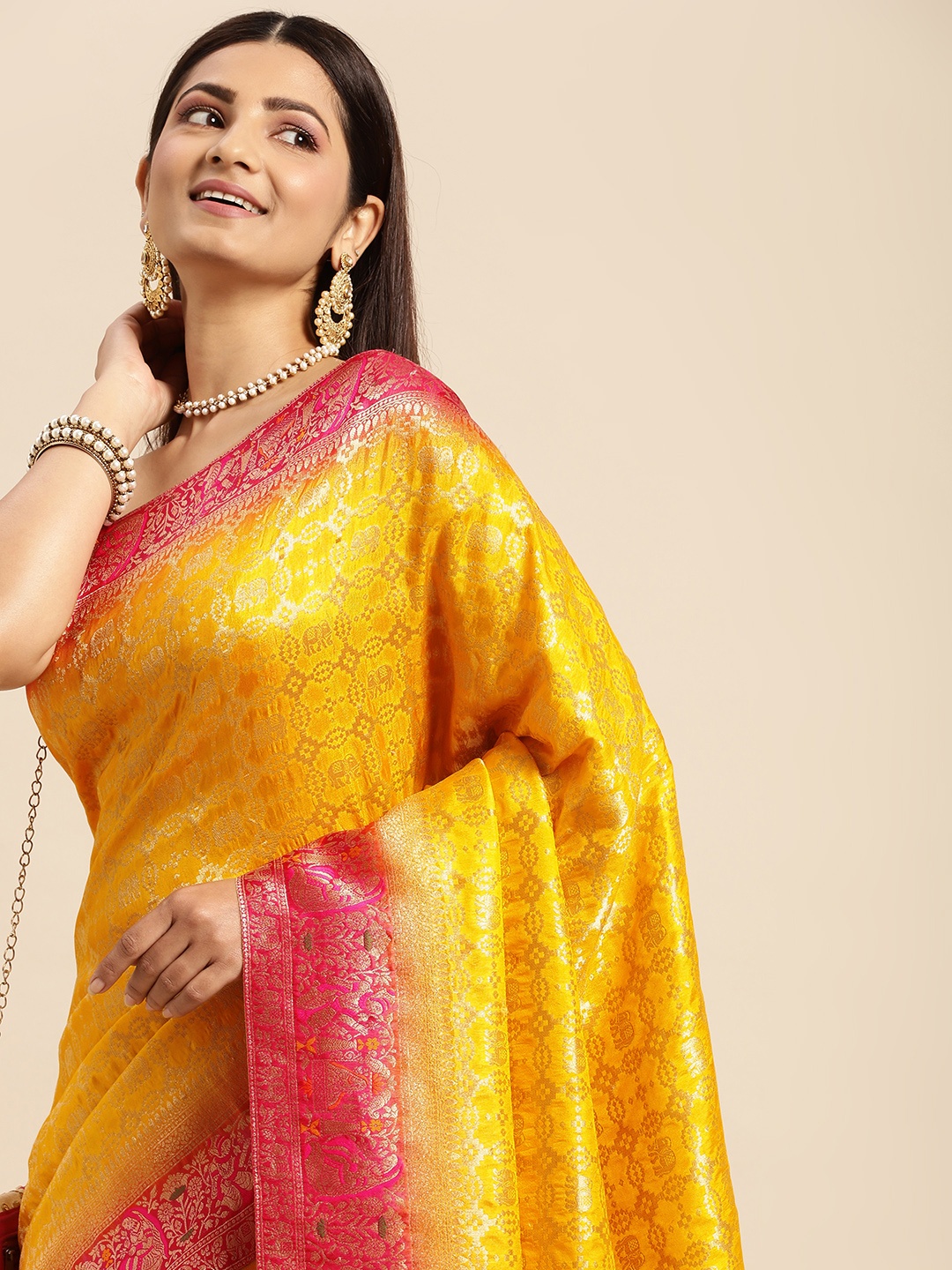 

MOHEY Yellow & Gold-Toned Ethnic Motifs Woven Design Art Silk Saree