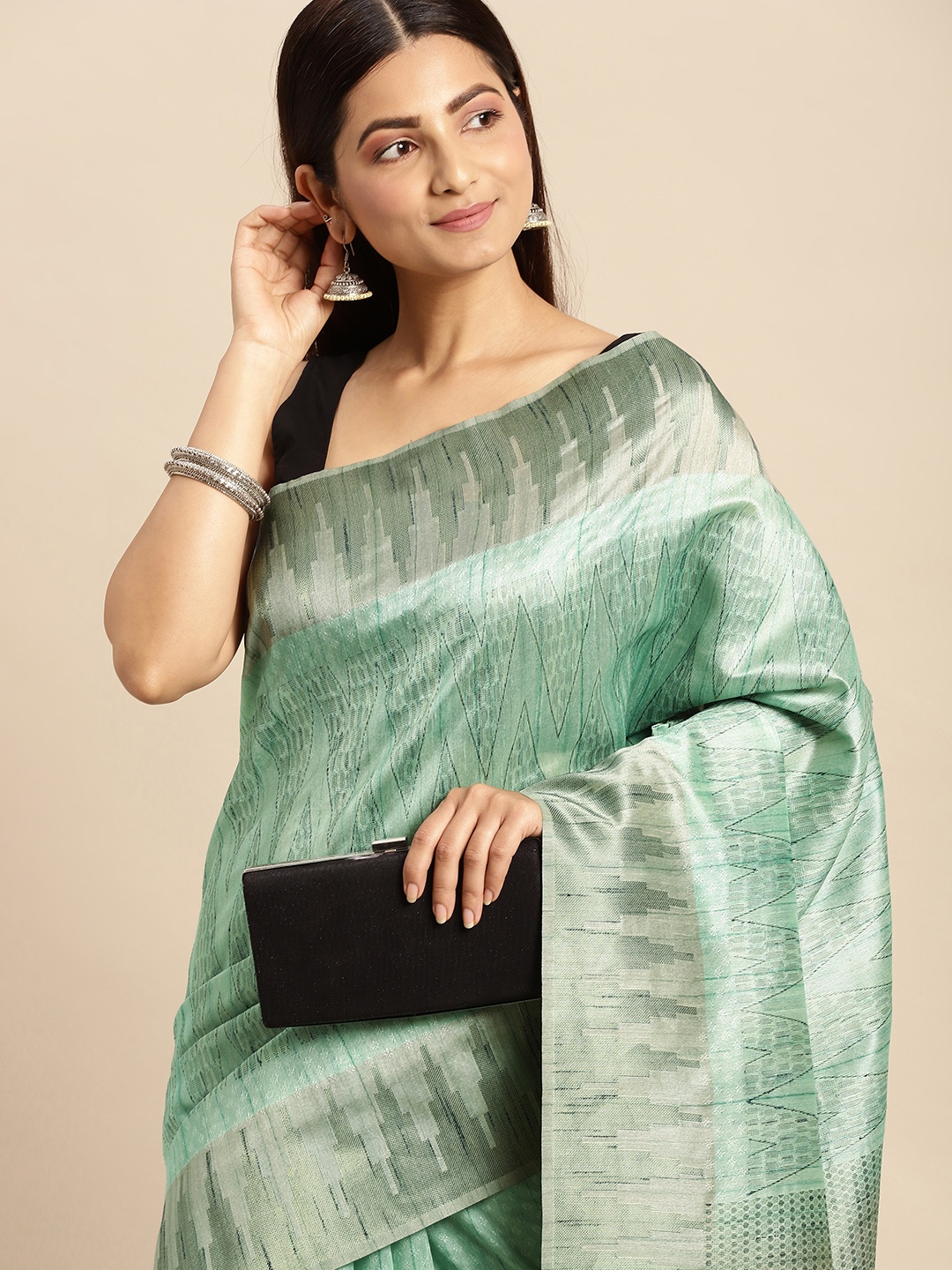 

MOHEY Green & Gold-Toned Woven Design Art Silk Saree