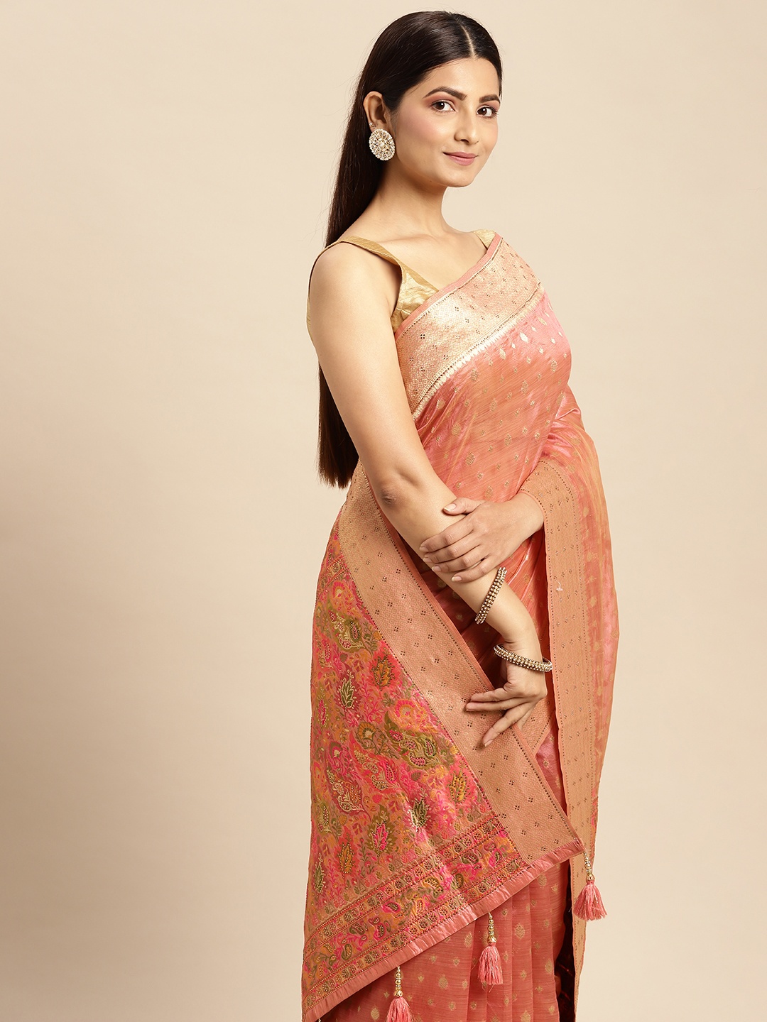 

MOHEY Pink & Gold-Toned Ethnic Motifs Woven Design Chanderi Saree