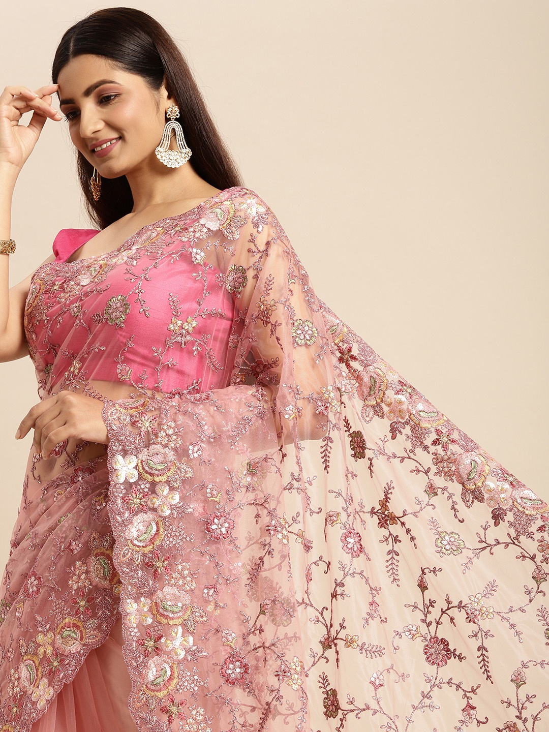 

MOHEY Pink Floral Woven Design Beads and Stones Net Saree