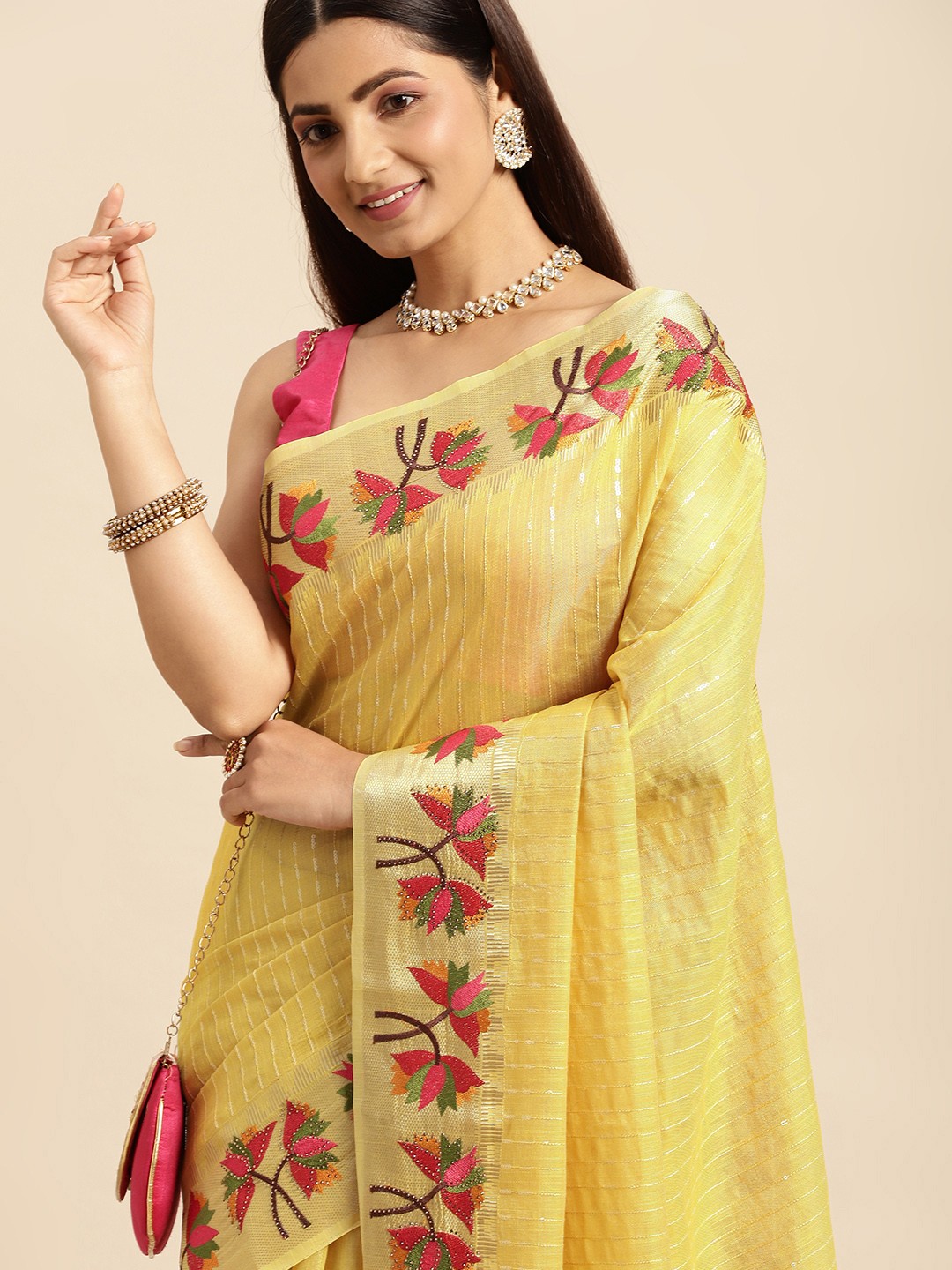 

MOHEY Mustard Yellow Self-Striped Saree