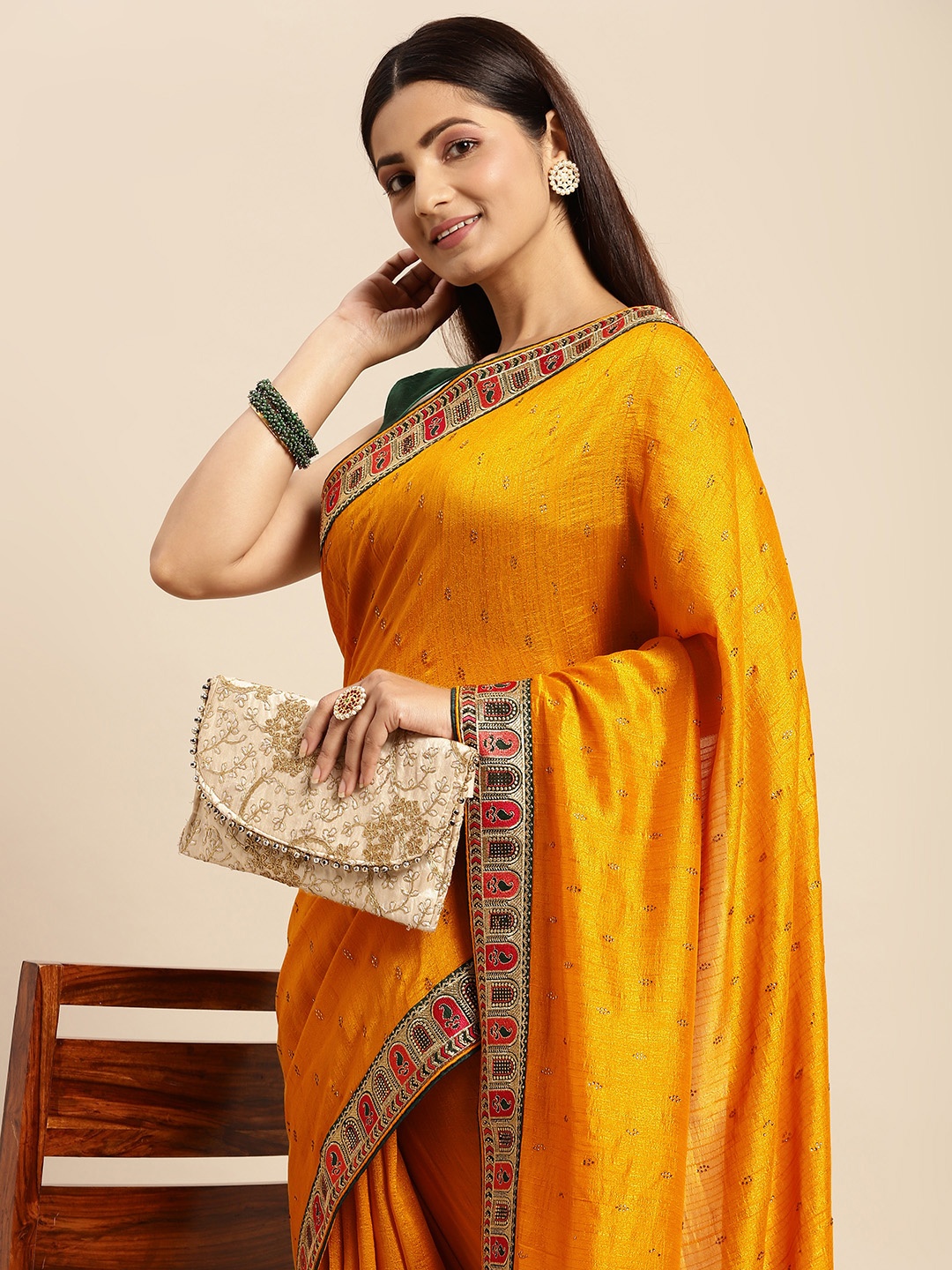 

MOHEY Yellow & Green Woven Design Beads and Stones Art Silk Saree