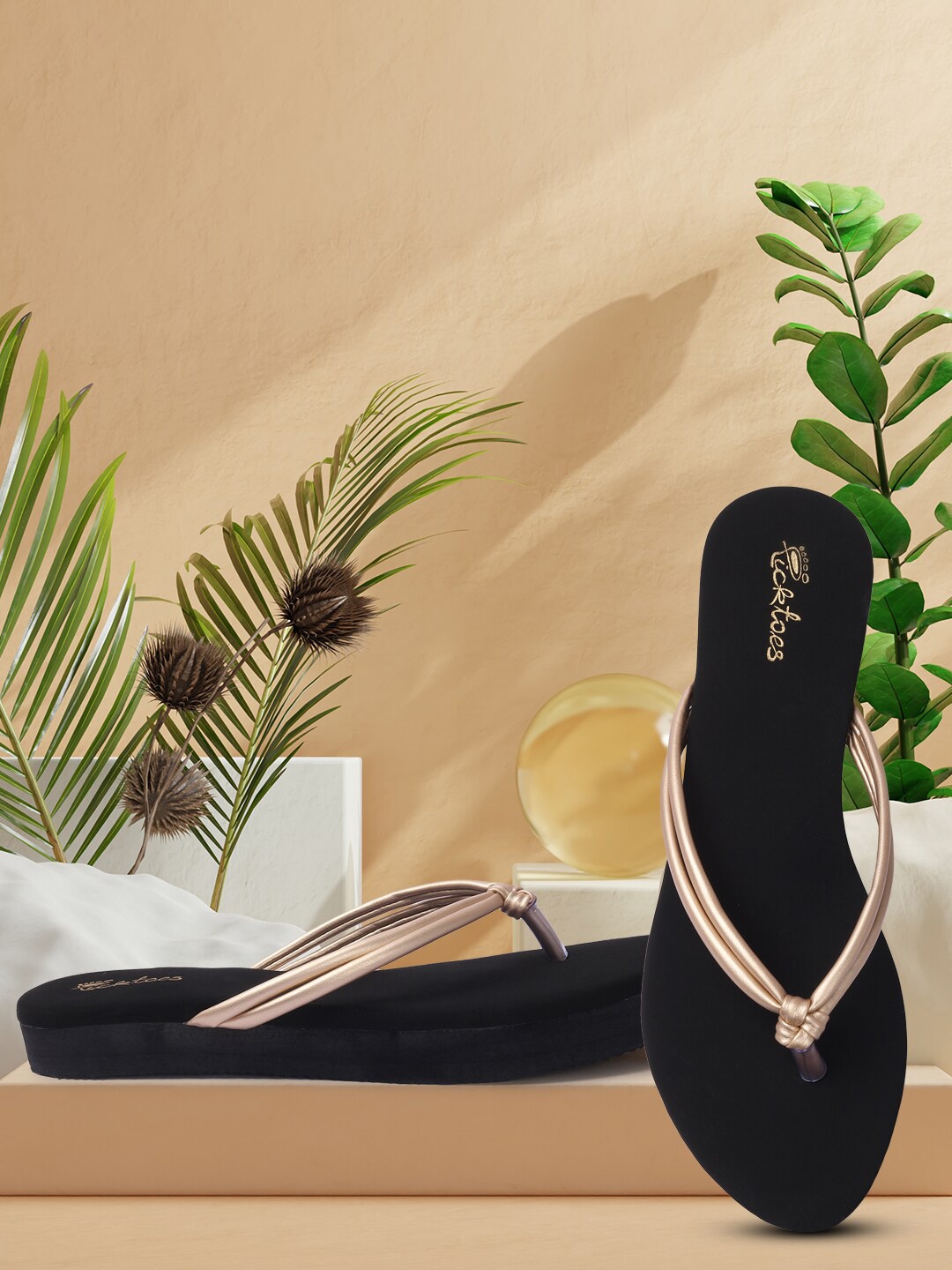 

Picktoes Women Gold Solid Synthetic T-Strap Flats
