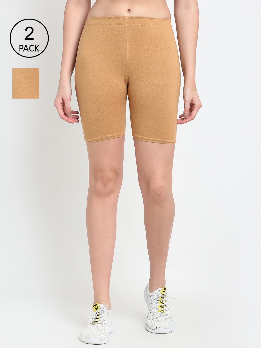 

Jinfo Women Pack Of 2 Cycling Sports Cotton Shorts, Beige