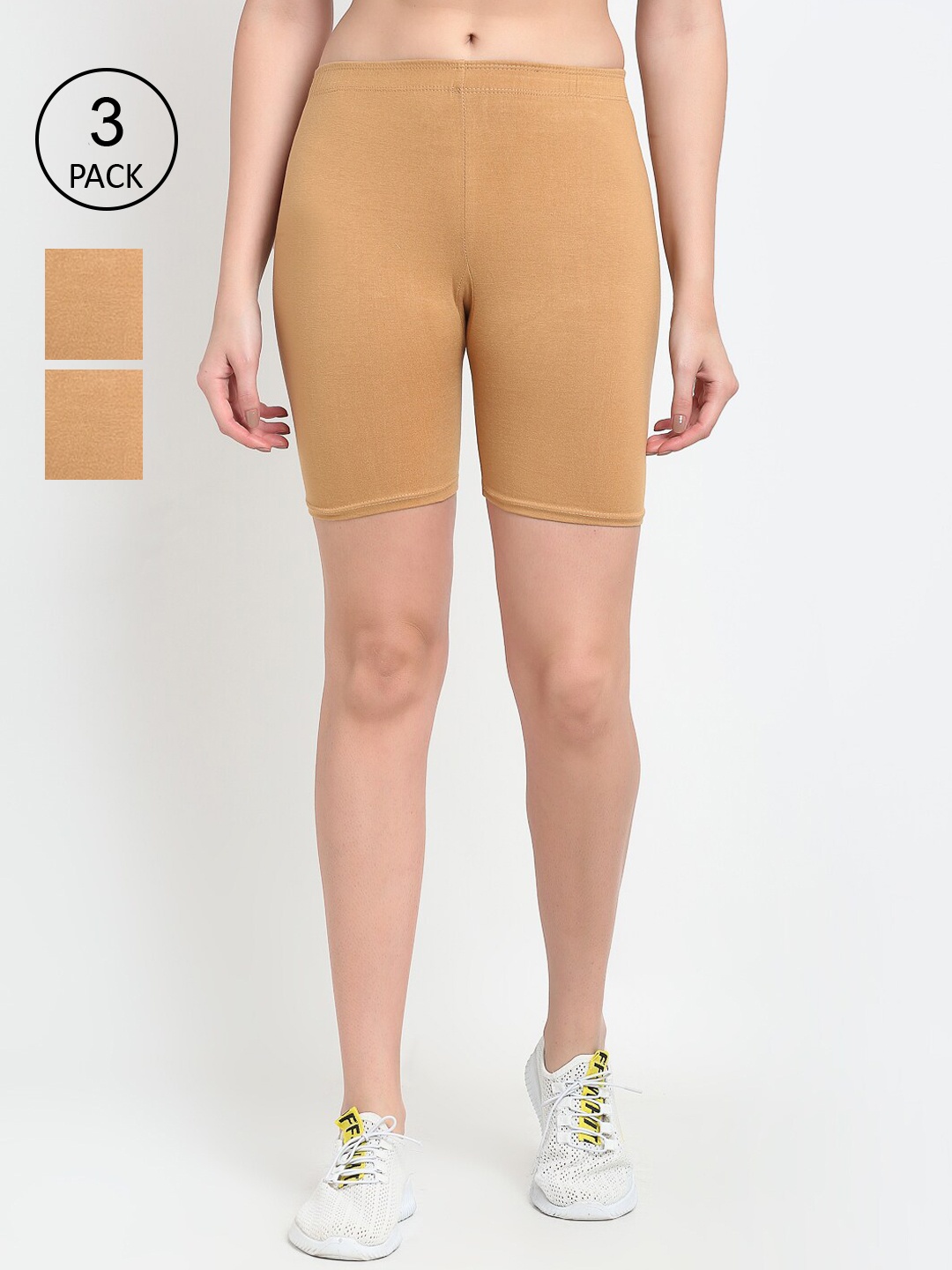

Jinfo Women Pack Of 3 Cycling Sports Cotton Shorts, Beige