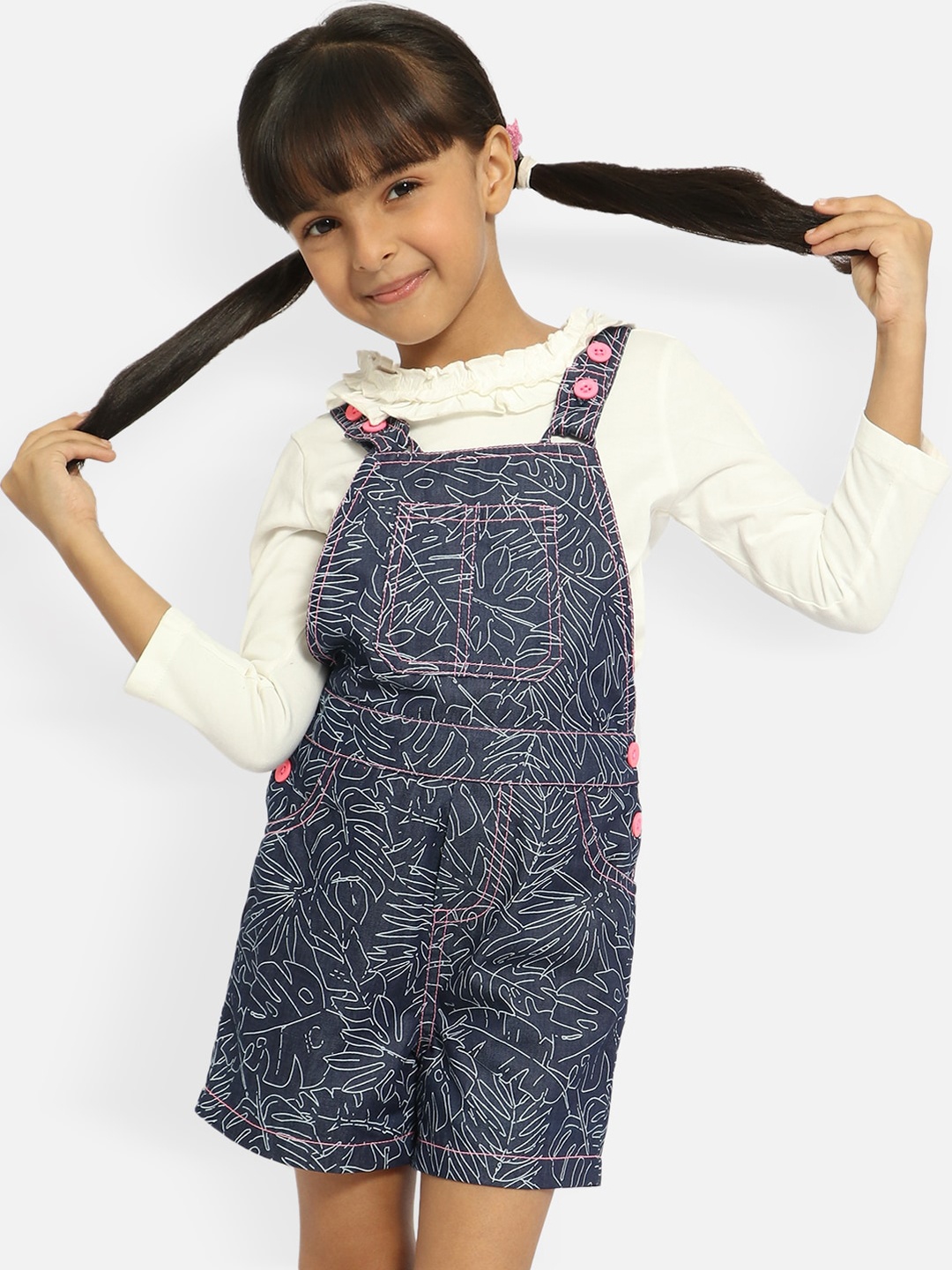 

Nauti Nati Girls Blue Abstract Printed Pure Cotton Dungarees