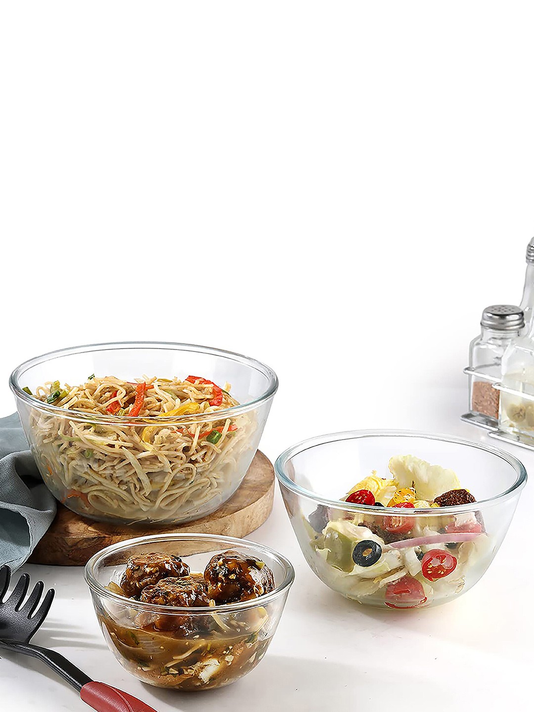 

Cello Set of 3 Dishwasher Safe Transparent Solid Glass Glossy Bowls