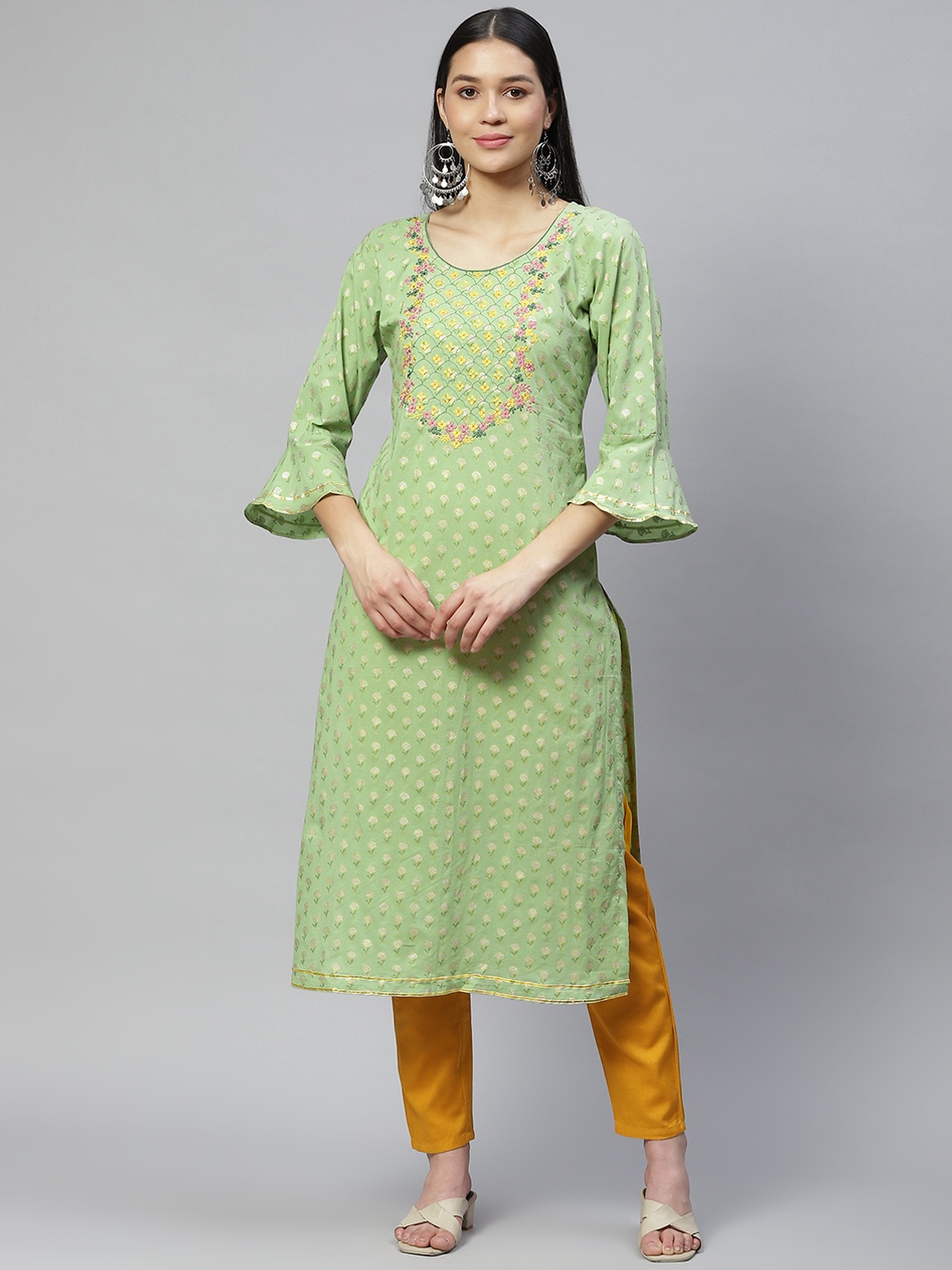 

Wabii Women Green Floral Embroidered Bell Sleeves Gotta Patti Kurta