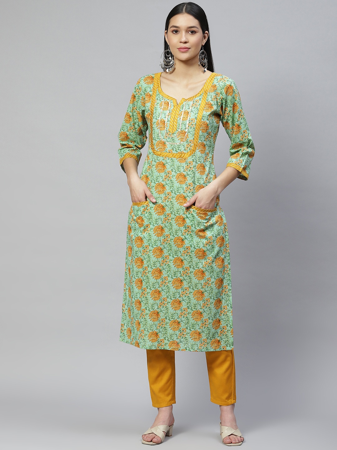 

Wabii Women Green & Mustard Yellow Cotton Floral Print Kurta