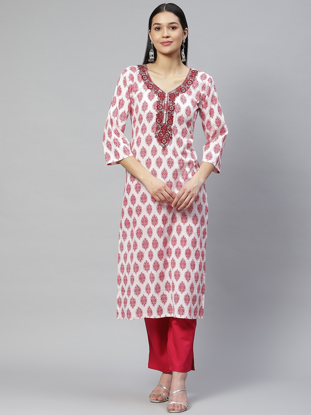 

Wabii Women White & Red Ethnic Motifs Butta Printed Pure Cotton Kurta