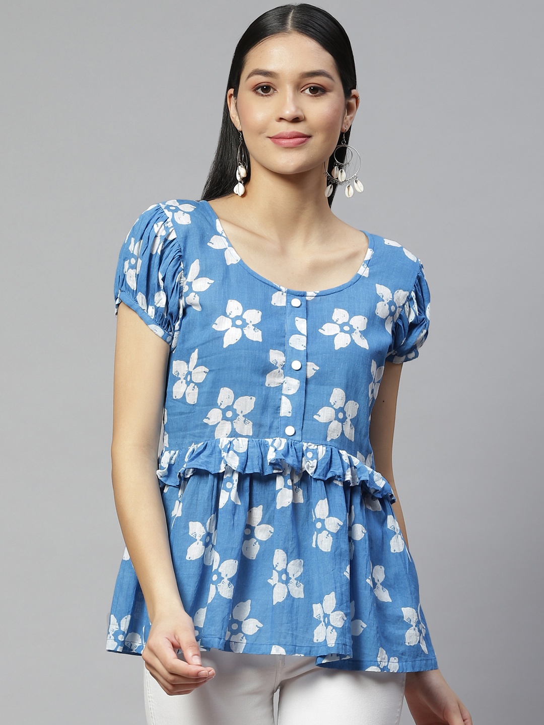 

Wabii Blue Floral Print Ruffles Top