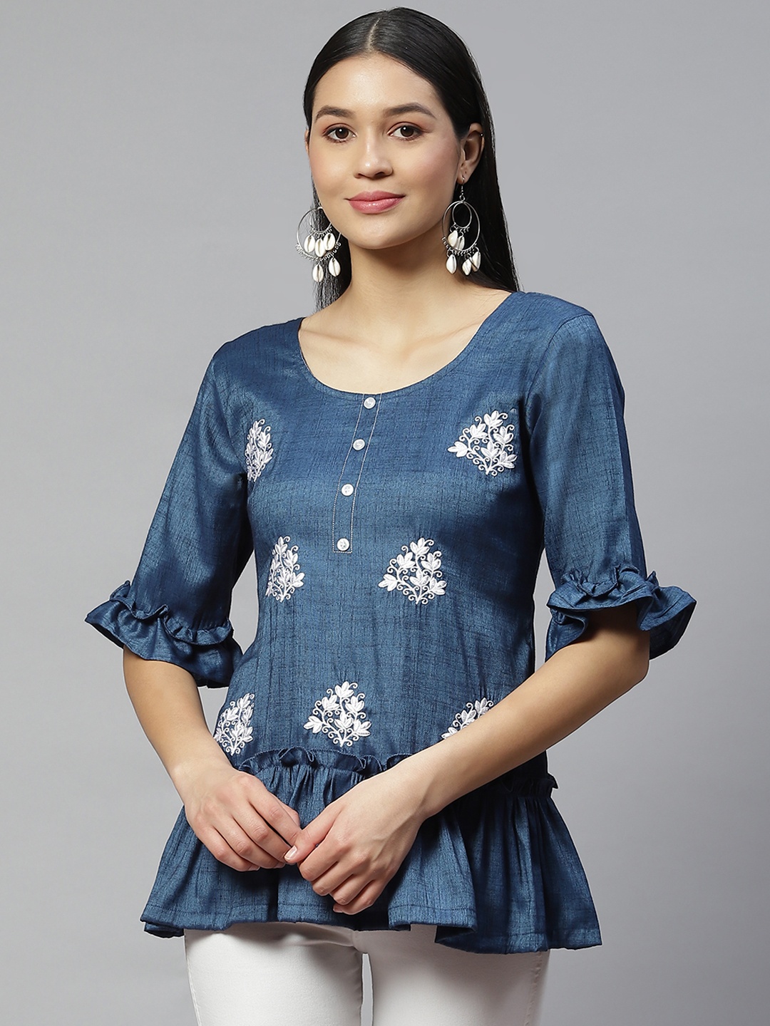 

Wabii Blue Floral Embroidered Ruffles Top