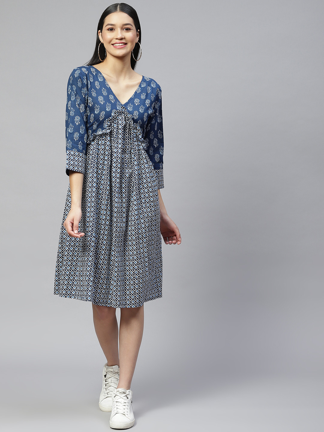 

Wabii Blue & White Cotton Printed Empire Dress
