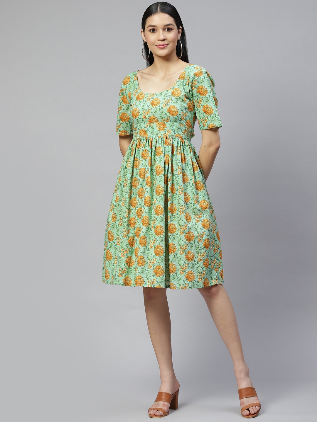 

Wabii Green & Mustard Yellow Cotton Floral Print Dress