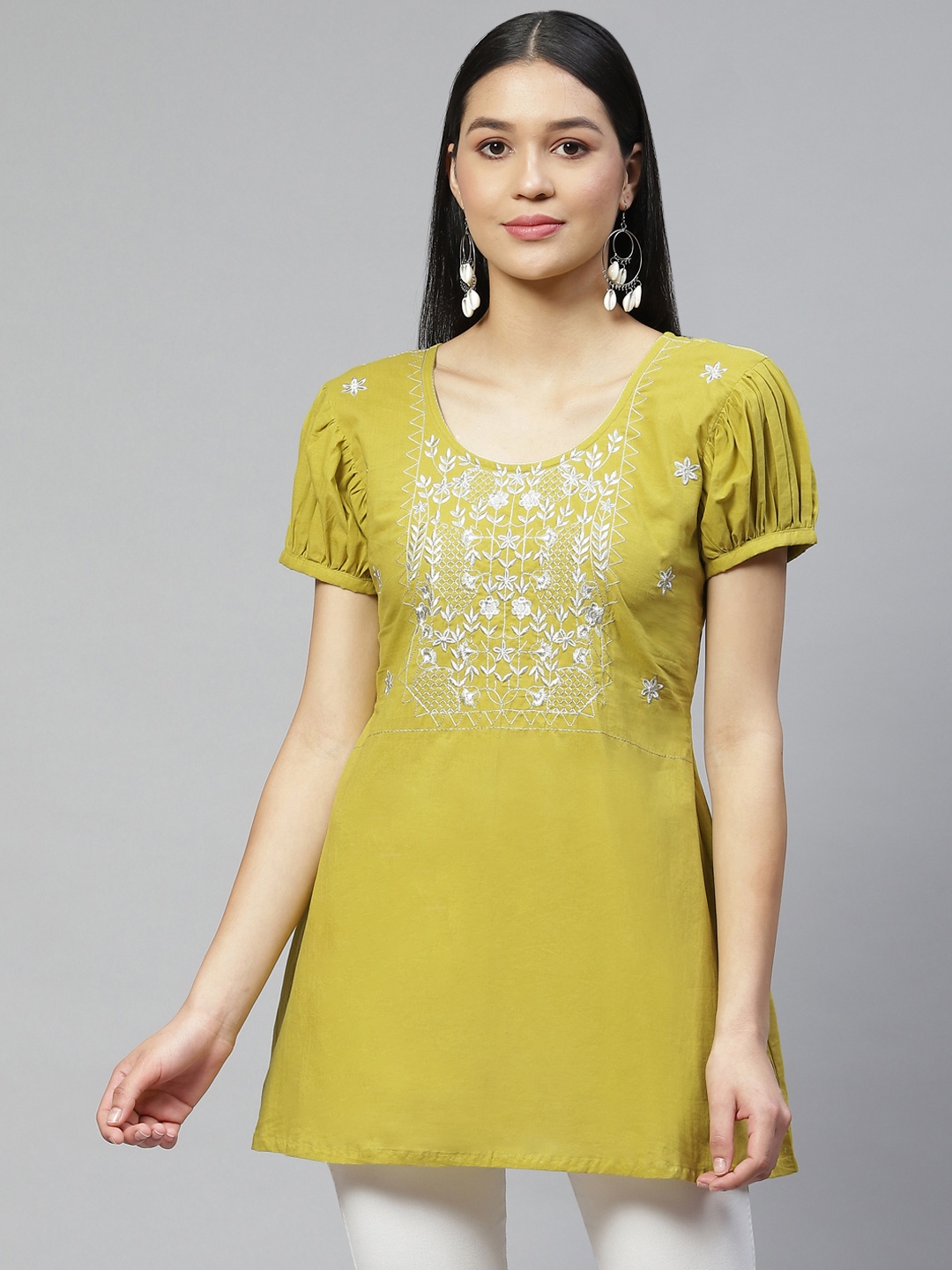 

Wabii Mustard Embroidered Round Neck Tunic