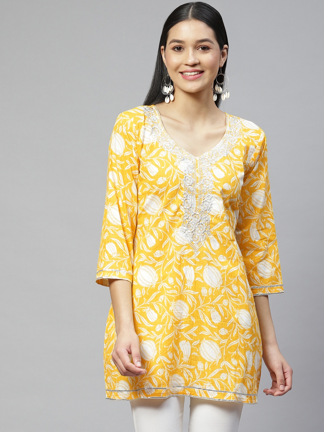 

Wabii Yellow Embroidered V-Neck Tunic