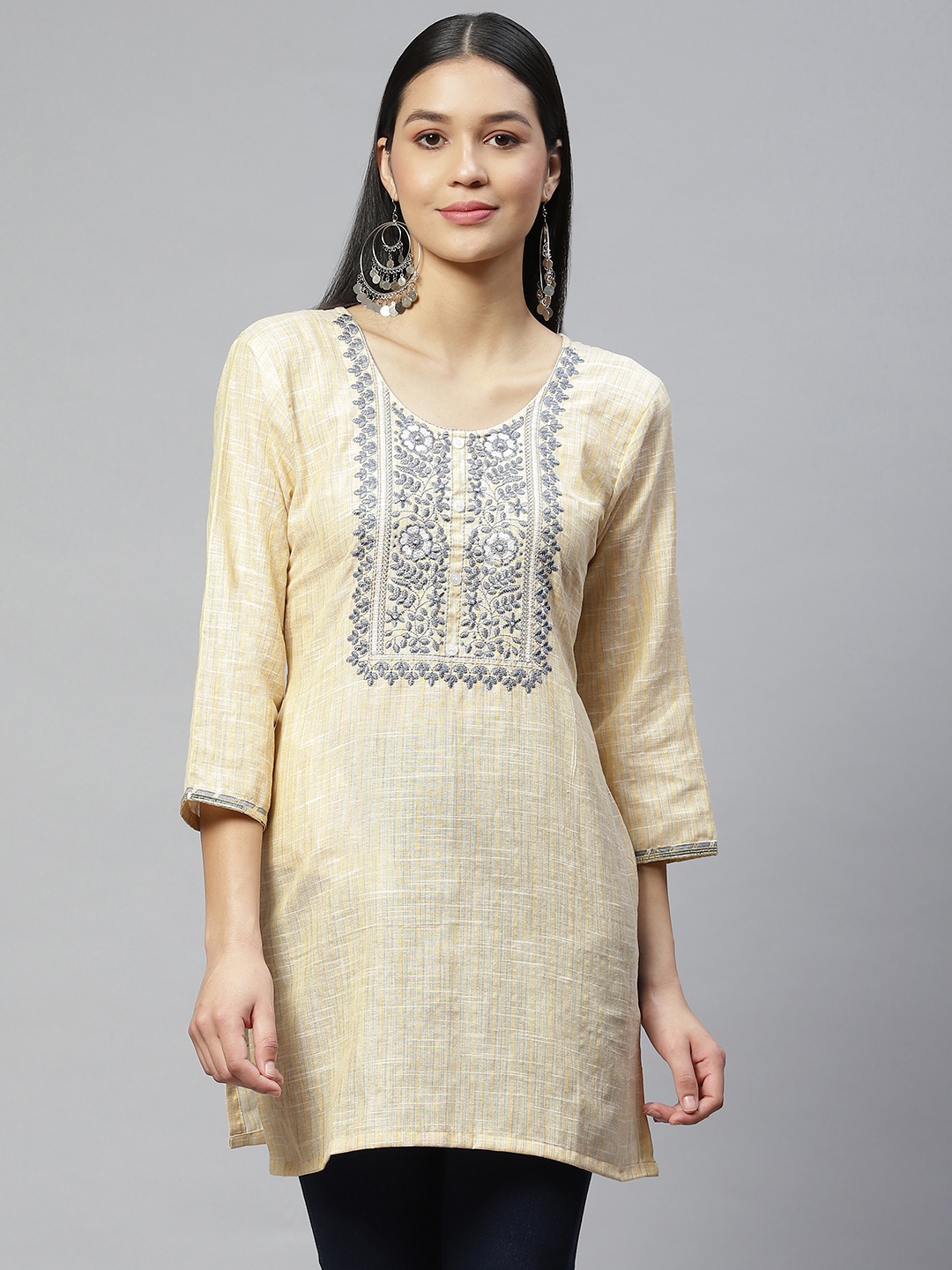 

Wabii Beige Embroidered Round Neck Tunic