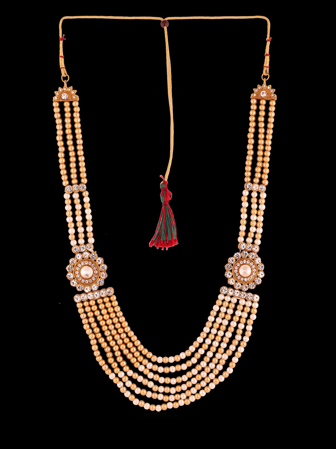 

Sanjog Men White & Gold-Toned Brass Layered Dulha Moti Mala Haar Groom Necklace