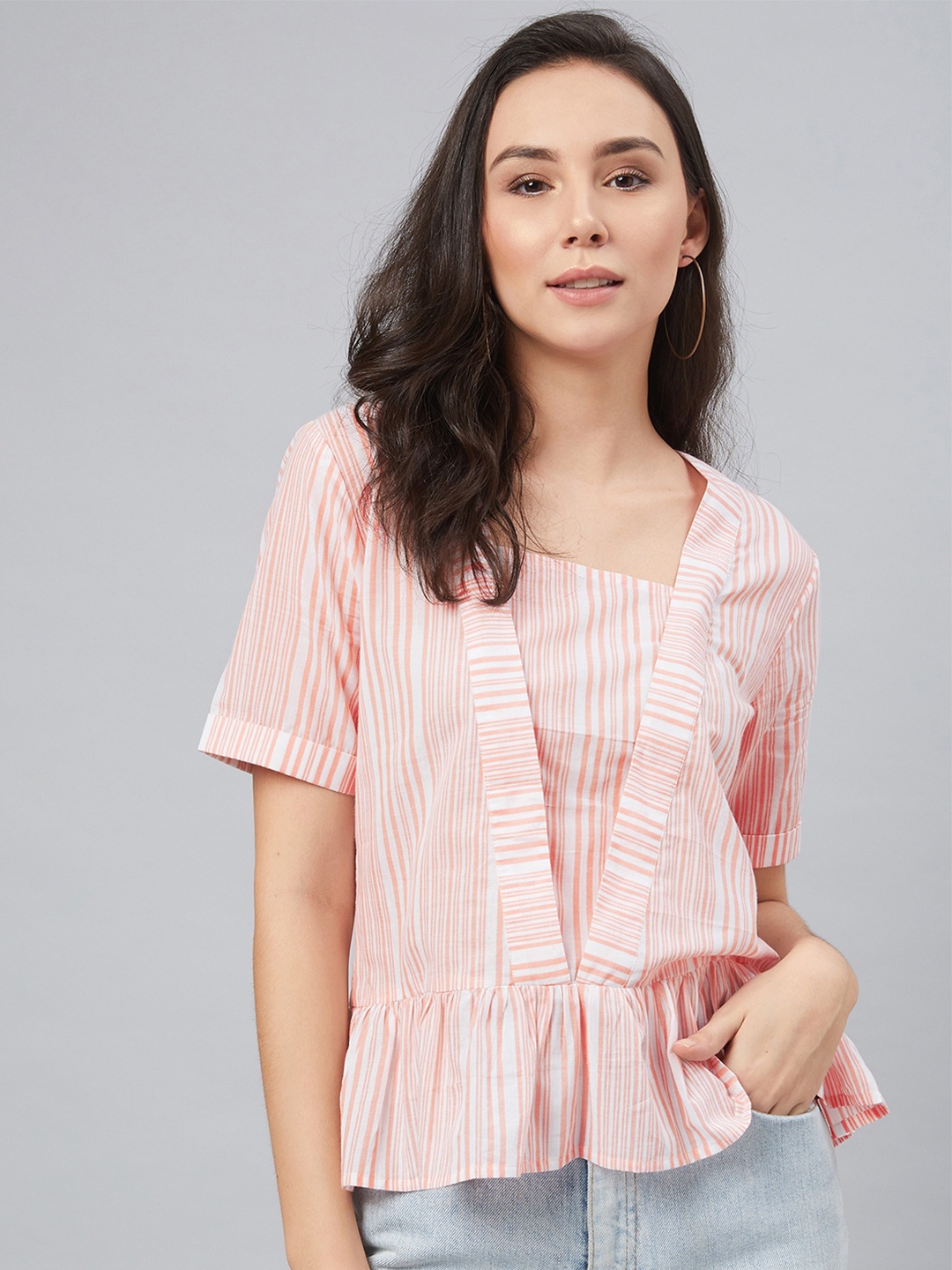 

Carlton London Women Off White & Pink Striped Pure Cotton Ruffles Top