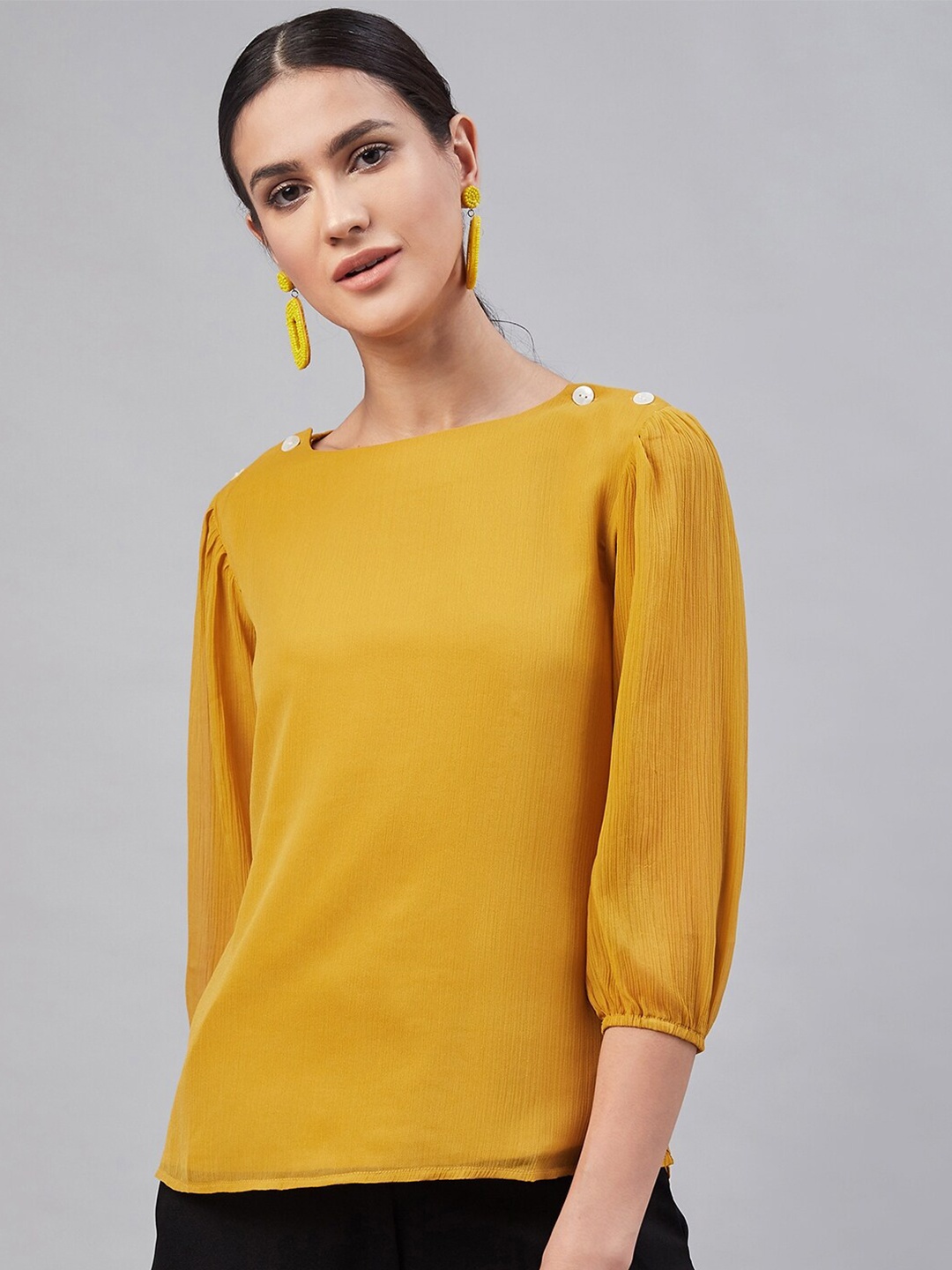 

Carlton London Women Mustard Yellow Solid Chiffon Top