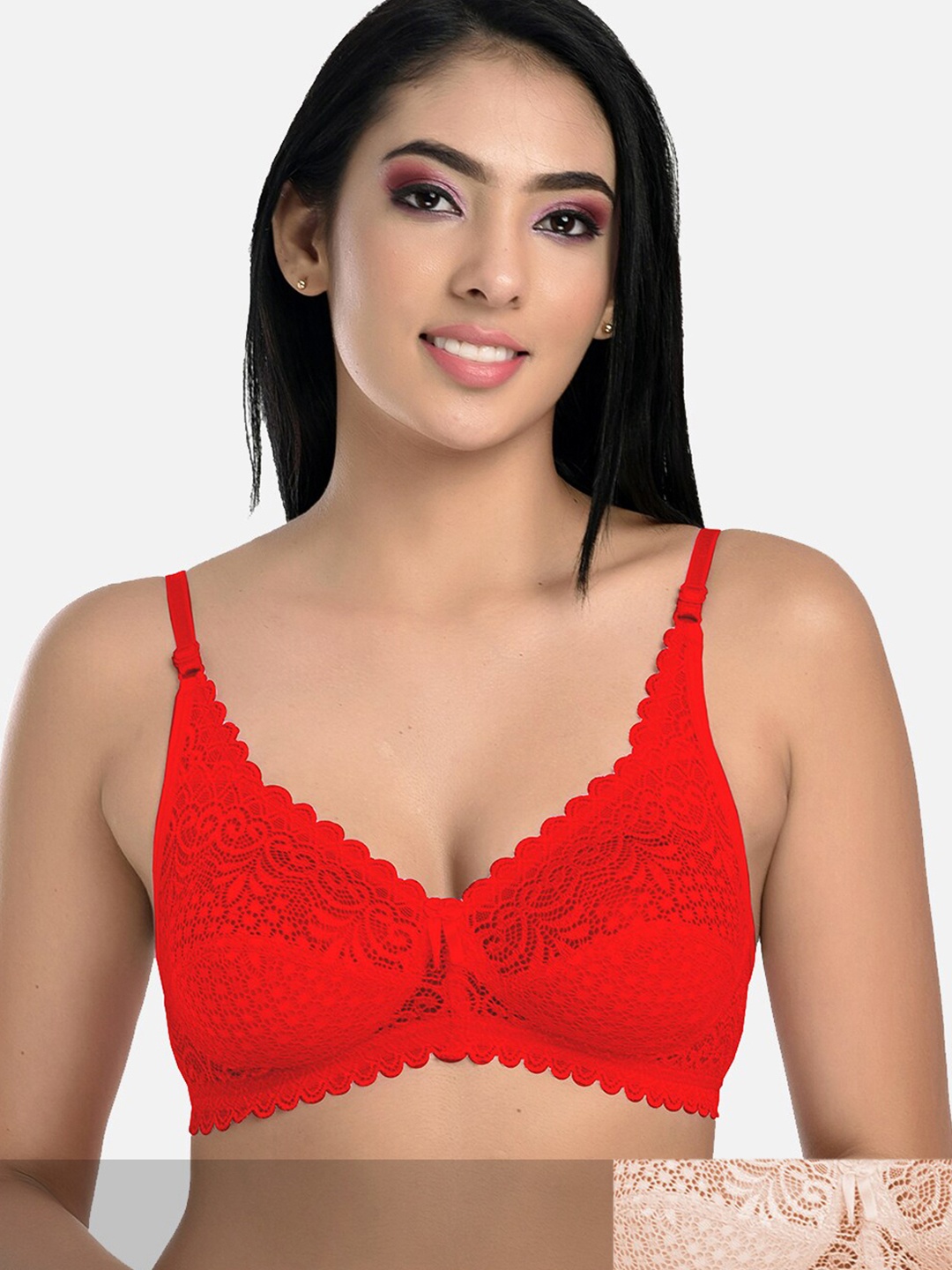 

StyFun Pack Of 2 Beige & Red Non Padded & Non Wired Floral Bra