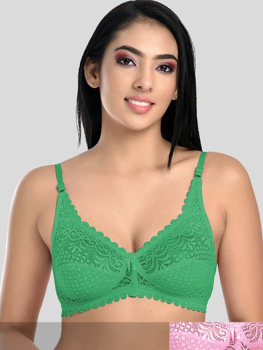 

StyFun Pack Of 2 Green & Pink Non Padded & Non Wired Floral Bra