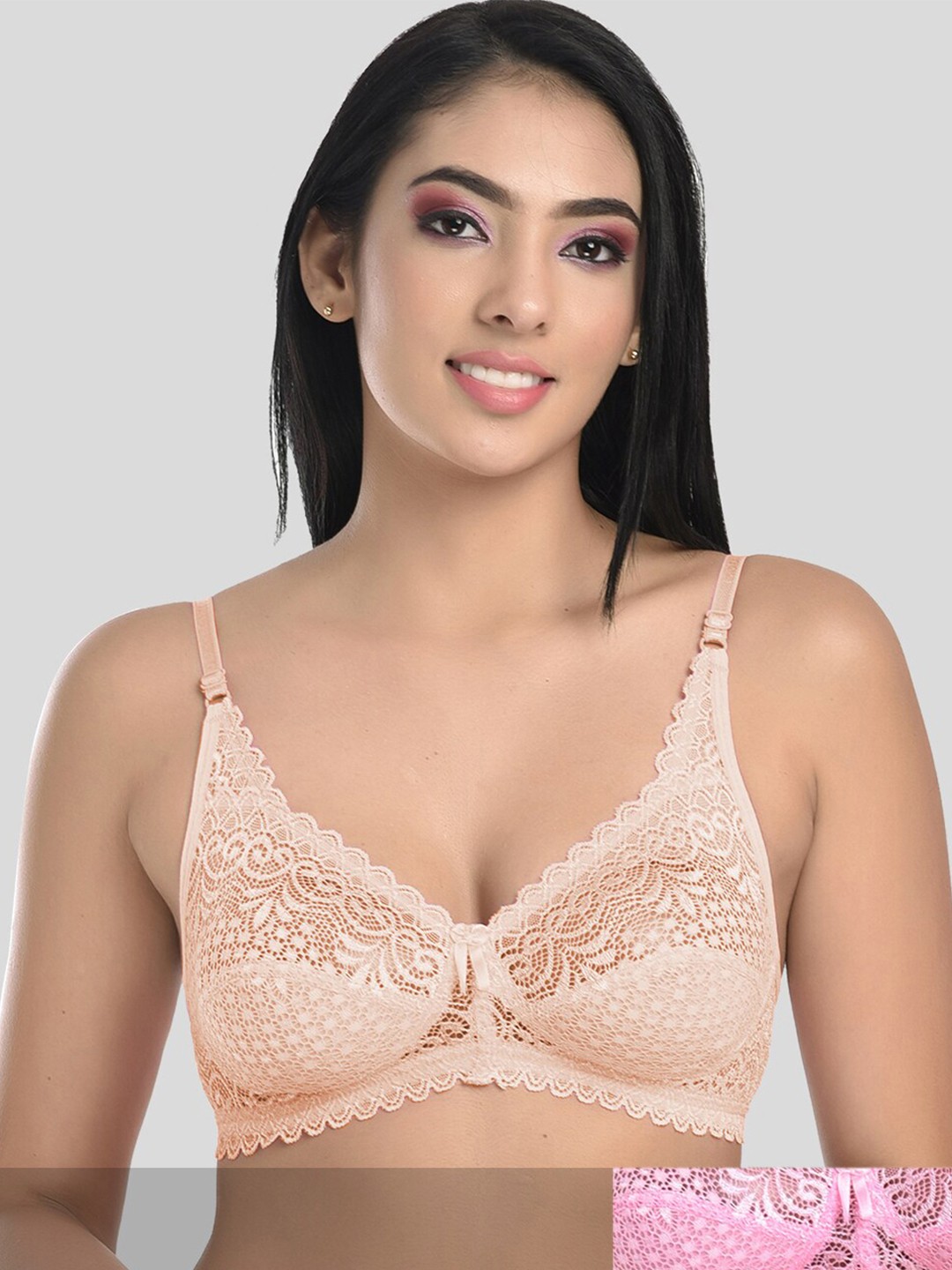 

StyFun Pack Of 2 Peach-Coloured & Pink Non Padded & Non Wired Floral Bra