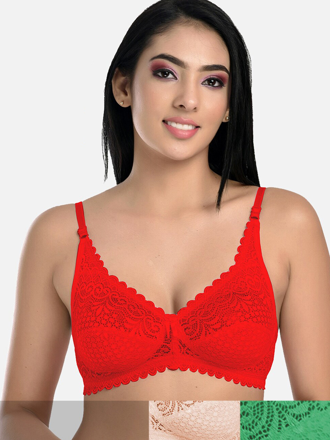 

StyFun Pack Of 3 Peach-Coloured & Red Non Padded & Non Wired Floral Bra