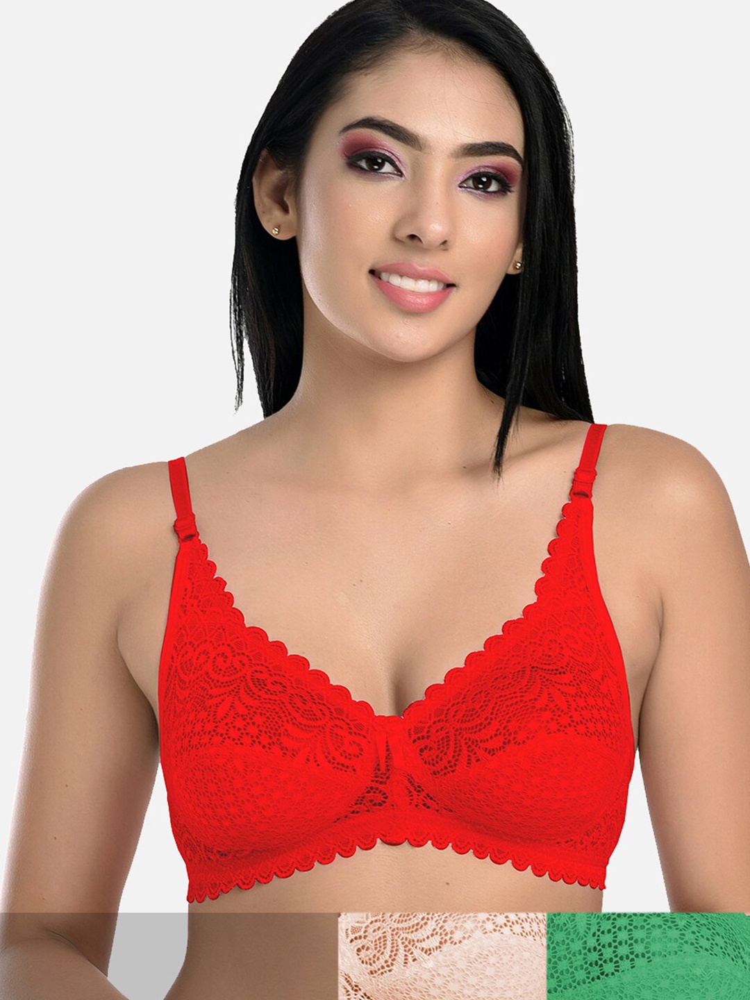 

StyFun Pack Of 4 Red & Black Non Padded & Non Wired Floral Bra