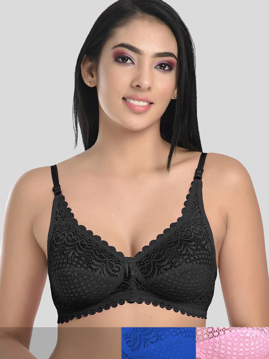 

StyFun Pack Of 4 Pink & Blue Non Padded & Non Wired Floral Bra