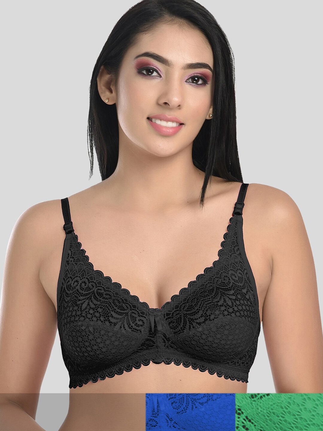 

StyFun Pack Of 3 Black & Blue Non Padded & Non Wired Floral Bra