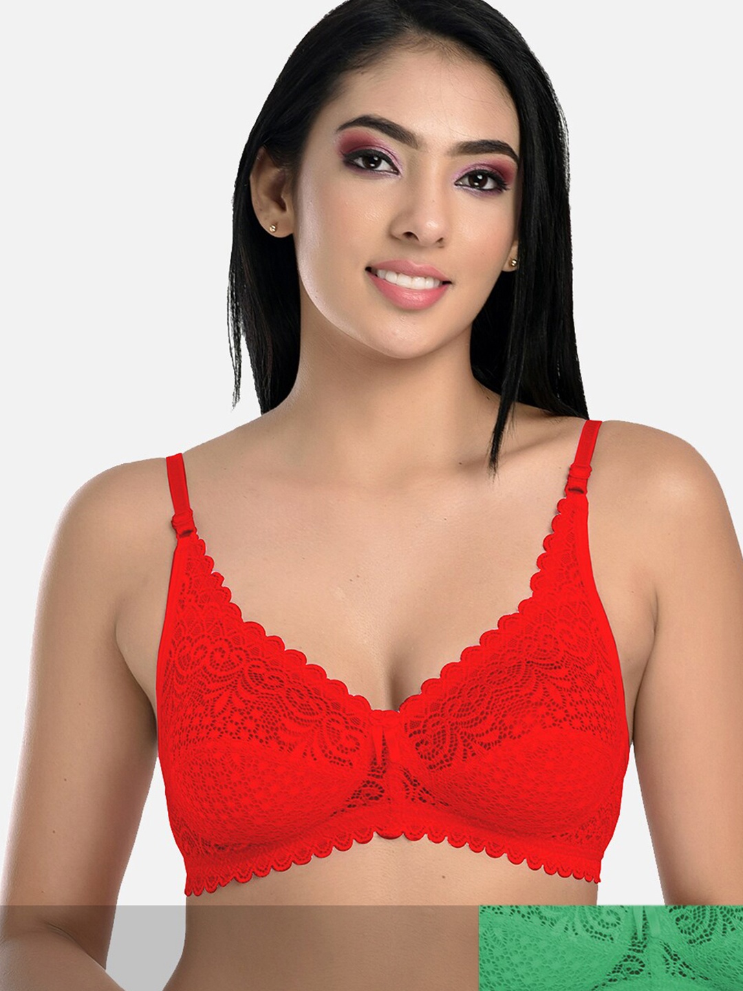 

StyFun Pack Of 2 Green & Red Non Padded & Non Wired Floral Bra